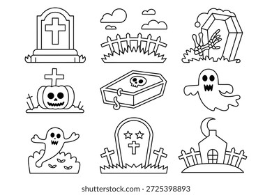 Cementerio de Halloween lápida calabaza féretro fantasma