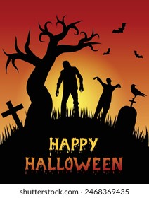 Halloween Graveyard with Zombies and Lonely Tree. Horror and national holiday concept vector art