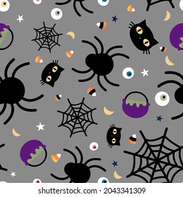 Halloween gray festive seamless pattern. Endless background with pumpkins, skulls, ghosts, bones, candies, spider web ,eye,autum and fall theme for paper,wrapping,carpet,wallpaper,fabric art work