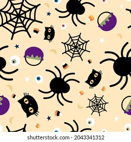 Halloween gray festive seamless pattern. Endless background with pumpkins, skulls, ghosts, bones, candies, spider web ,eye,autum and fall theme for paper,wrapping,carpet,wallpaper,fabric art work