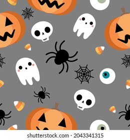 Halloween gray festive seamless pattern. Endless background with pumpkins, skulls, ghosts, bones, candies, spider web ,eye,autum and fall theme for paper,wrapping,carpet,wallpaper,fabric art work