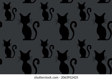 Halloween gray festive seamless pattern. Endless background with black cat. Hand drawing vector clip art graphic elements for creative design, printable decor, decoration, textile.