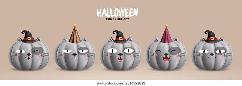 Halloween gray pumpkins vector set design. Pumpkins gray cat characters cute collection with creepy, spooky and scary elements. Vector illustration horror cat characters set. 
