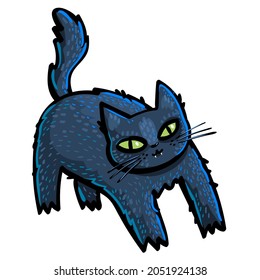 Halloween greating card. Cute happy black cat with green eyes. Vector illustration
