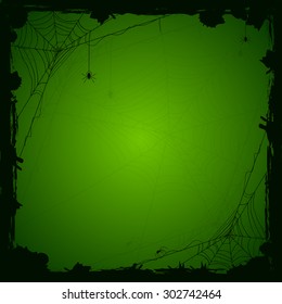 Halloween green background with black spiders and grunge elements, illustration.