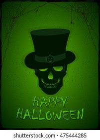 Halloween green background with skull in the hat, black spiders and grunge elements, illustration.
