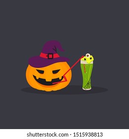 Halloween green cocktail with pumpkin, eyes. Stylish design for menu, prints, poster, invitation, party decoration. Happy halloween template greetings card poster invitation 