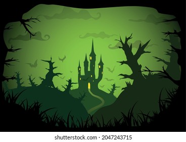 Halloween green colored poster spooky castle horizontal a3, a4 format size. Vector background