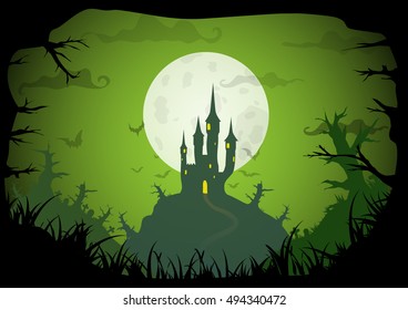 Halloween green colored poster spooky castle with full moon, horizontal a3, a4 format size. Vector background