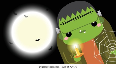 Halloween green Frankenstein character against full moon light. Vector illustration.