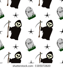 Halloween green reaper and tomb creepy seamless pattern. vector illustration for fashion textile print and wrapping with festive design.