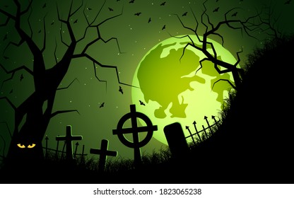 Halloween green scary night vector background. Dead tree, old cemetery and bats illustration