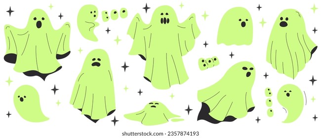 Halloween green scary spirits in different poses on the white background