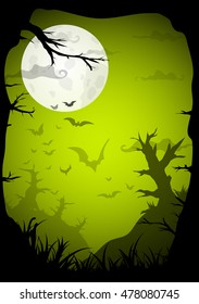 Halloween green spooky a4 frame border with moon, death trees and bats. Vector background with place for text