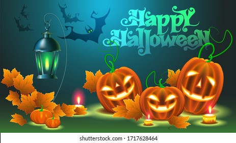 Halloween green text on a blue mystical background with bats pumpkins candles and maple leaves