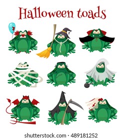 Halloween green toads fashion costume outfits. Dead bride ,Salem witch , mummy, zombie and other traditional Halloween costumes frogs . Cartoon style vector illustration isolated on white background