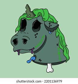 Halloween green zombie unicorn drooling pink illustration