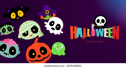 halloween greeting background with cute spooky characters decoration vector illustration