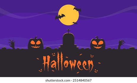 Halloween greeting background with silhouette of pumpkin, zombie's hand, and gravestone on purple night sky with full moon and bats