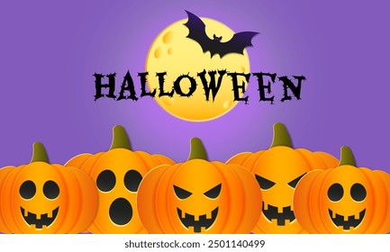 Halloween greeting banner, card with cute pumpkins, bats and other Holiday elements on purple background. Design template for advertising, web, social media. Vector illustration in cut paper style