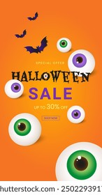 Halloween greeting banner with cute holiday elements on orange background. Design template for advertising, web, social media. Vector illustration in cut paper style