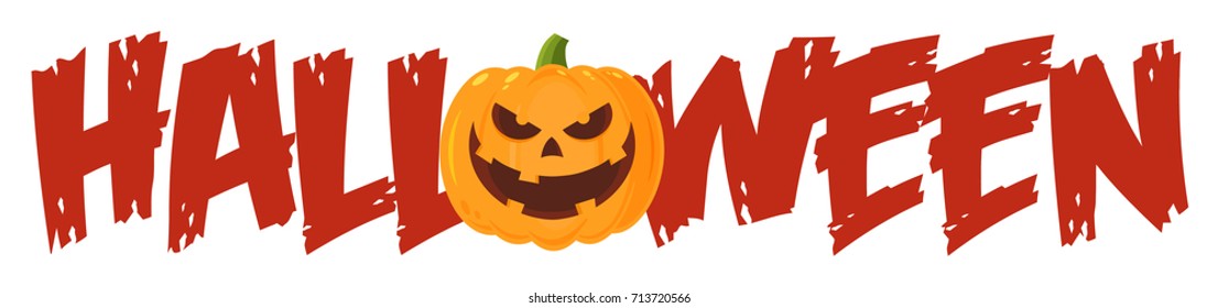 Halloween Greeting Banner Of A Evil Pumpkin As The O. Vector Illustration Flat Design Style Isolated On White Background