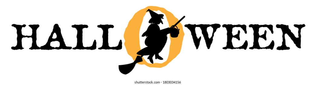 Halloween greeting banner with a flying witch silhouette.