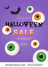 Halloween greeting banner with Holiday cutest elements on purple background. Design template for advertising, web, social media. Vector illustration in cut paper style