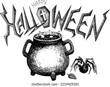 Halloween greeting banner, post. Vector illustration with the inscription Happy Halloween, a cauldron with a boiling potion and a small spider