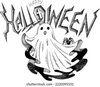 Cartel de saludo de Halloween, post. Ilustración vectorial con letras Happy Halloween, fantasma y araña pequeña