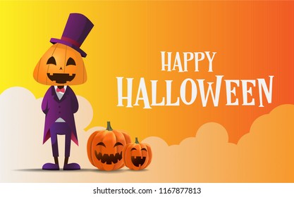 Halloween greeting banner with pumpkin man character 