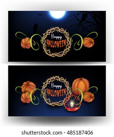 Halloween greeting banners with pumpkins, crown  of thorns and Halloween decorations