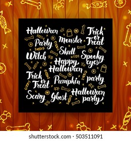 Halloween Greeting Calligraphy. Vector Illustration of October Holiday Modern Lettering over Wooden Board.