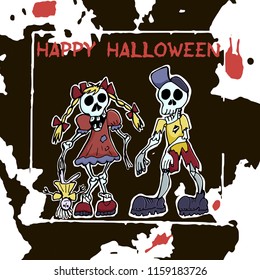 Halloween greeting card. Abctract grunge stains and splashes, hand drawn cartoon zombies, text Happy Halloween.
