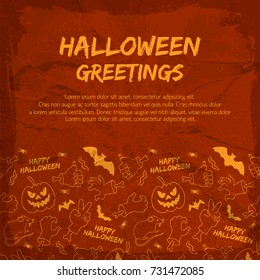 Halloween greeting card with animals lanterns of jack hands with bones on textured red background vector illustration