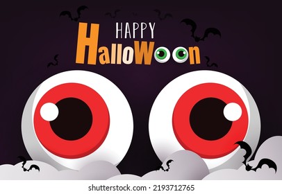 Halloween greeting card. Art letters decorated with eyeball ghosts and bats. Invitation card idea or gift giving away ghost. vector illustration background