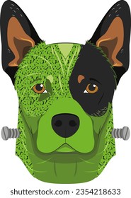 Halloween greeting card. Australian Cattle dog colored in green and dressed as a monster with screws in the neck