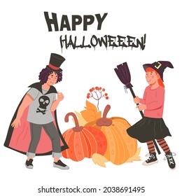 Halloween greeting card or banner layout with children dressed in fancy costumes standing with pumpkins, flat cartoon vector illustration. Halloween holiday party poster, invitation card.