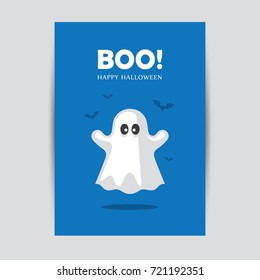 Halloween greeting card, banner or poster design with cute ghost on blue background.