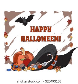 Halloween greeting card based on hand drawn elements with place for your text. Great for cards, party invitations, holiday design. 