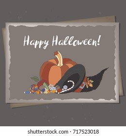 Halloween greeting card based on hand drawn elements. Great for cards, party invitations, holiday design.