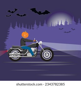 Halloween greeting card. Biker on a motorcycle with a pumpkin head against the backdrop of a night forest and bats.