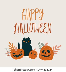 Halloween greeting card. Black cat with three pumpkins illustration isolated on white