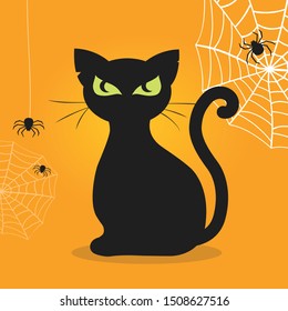 Halloween greeting card with black cat and spiders.