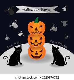 Halloween greeting card A black cat sat beside a pumpkin with ghosts floating and a dark blue background.