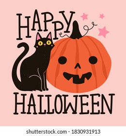 Halloween greeting card with black cat, pink stars and orange pumpkin. Happy Halloween lettering words. Vector illustration, colored typography poster with pet