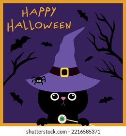 Halloween Greeting Card Of Black Cat In Hat With Eye Hard Candy. Happy Halloween. Hand Drawn Vector Art. Cat Witch On Purple Background With Branches And Bats. Hand Drawn Font