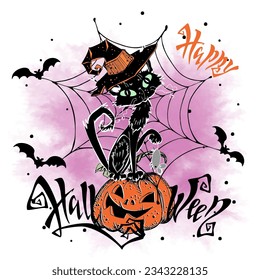 A Halloween greeting card. A black cat in a witch hat with a pumpkin. Vector
