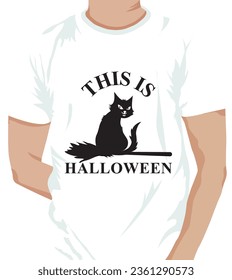 Halloween greeting card with black cat and  pumpkin. This is Halloween lettering words. Vector illustration isolated on white background, colored typography poster with pet