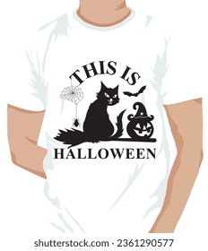 Halloween greeting card with black cat and  pumpkin. This is Halloween lettering words. Vector illustration isolated on white background, colored typography poster with pet